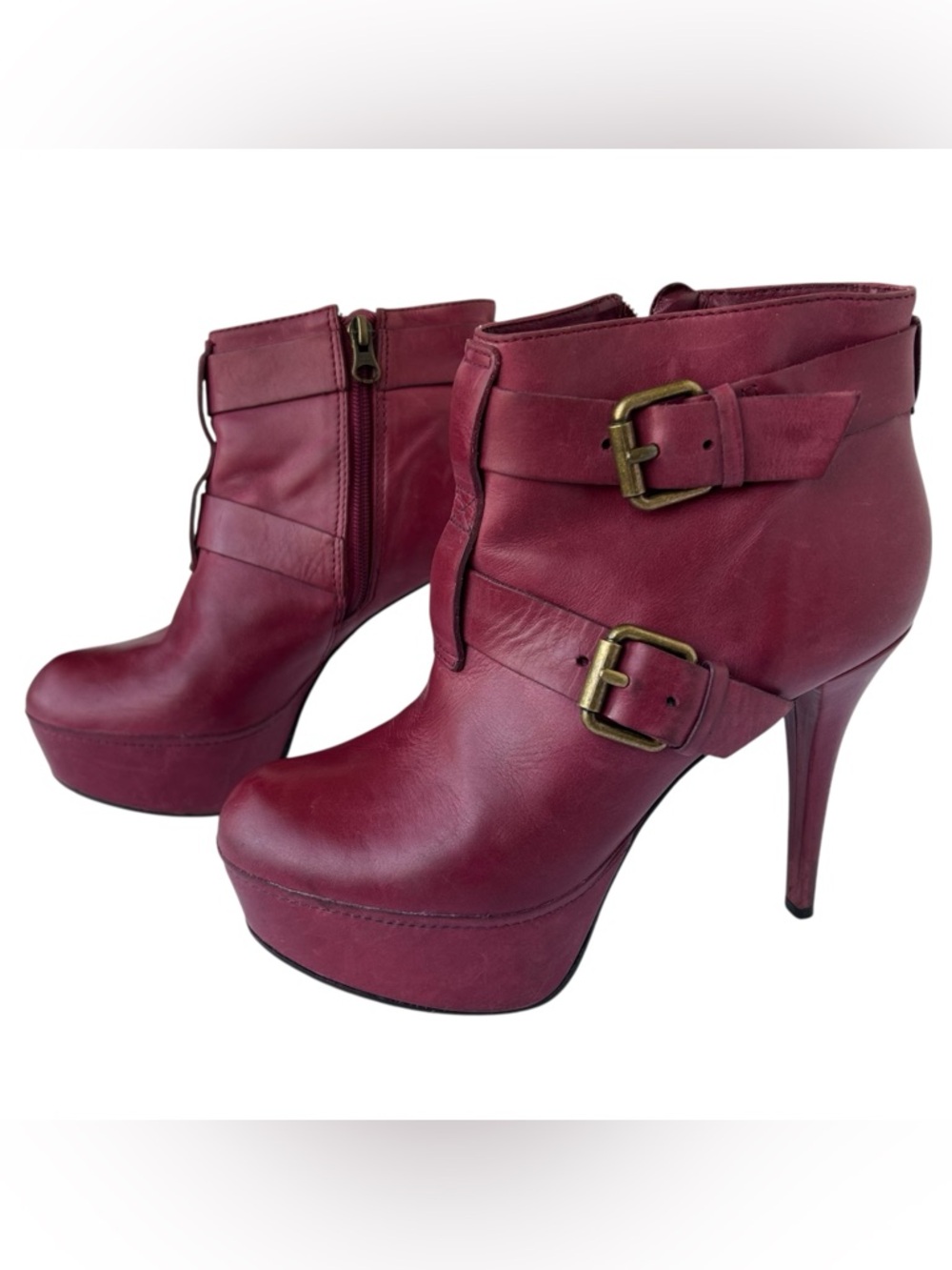 Pour La Victoire Platform Stiletto Ankle Boots Burgundy Buckle Y2K Moto Heels 9